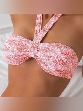 Floral Pink and Coral Twist-Front Bikini Top